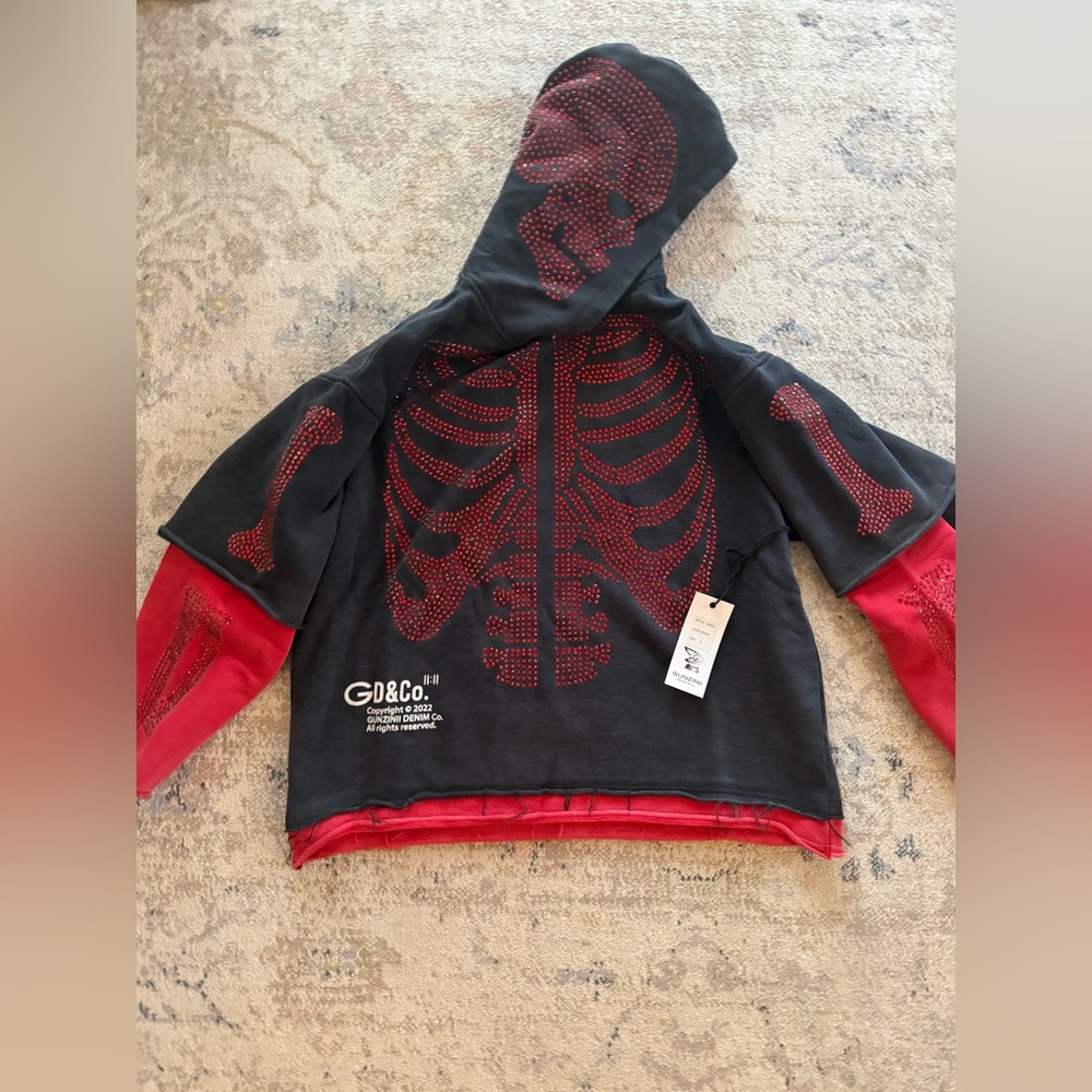GUNZINII Rhinestone Skeleton Hoodie (Black/Red) – BNWT